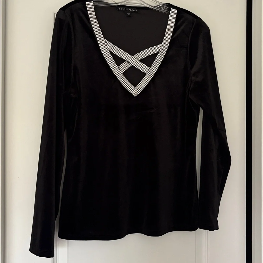 Boston Proper Black Top with Rhinestone V-Neck - Picture 2 of 5